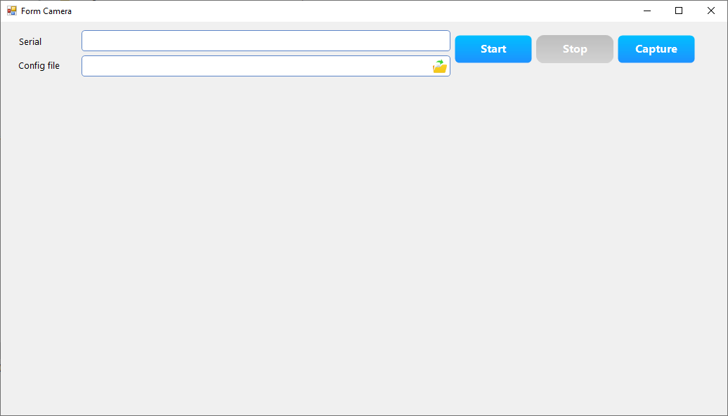 Giao diện chính của ứng dụng IndustrialCamera: Serial, Config file, Start, Stop, Capture
